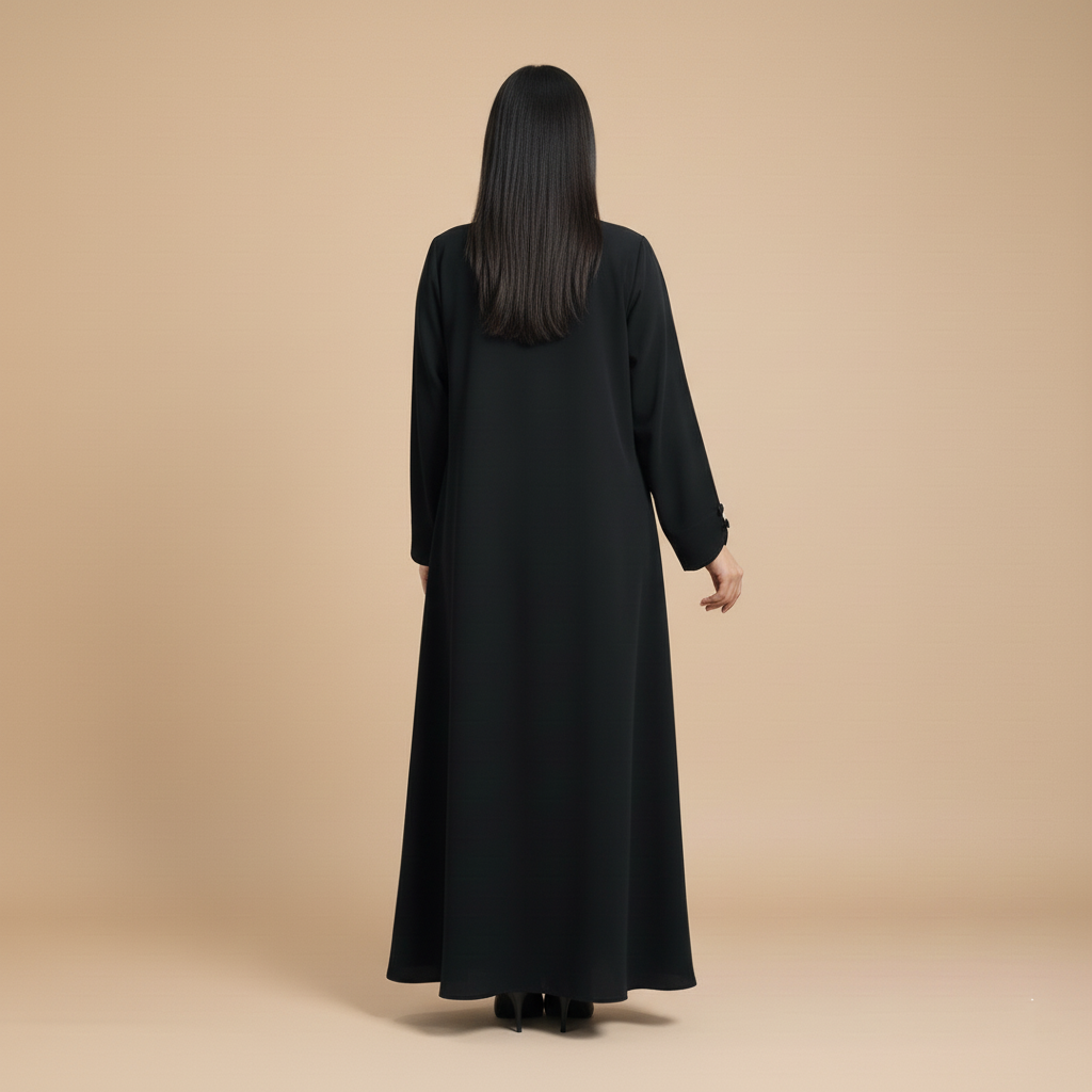black abaya with open collar, and black round buttons.