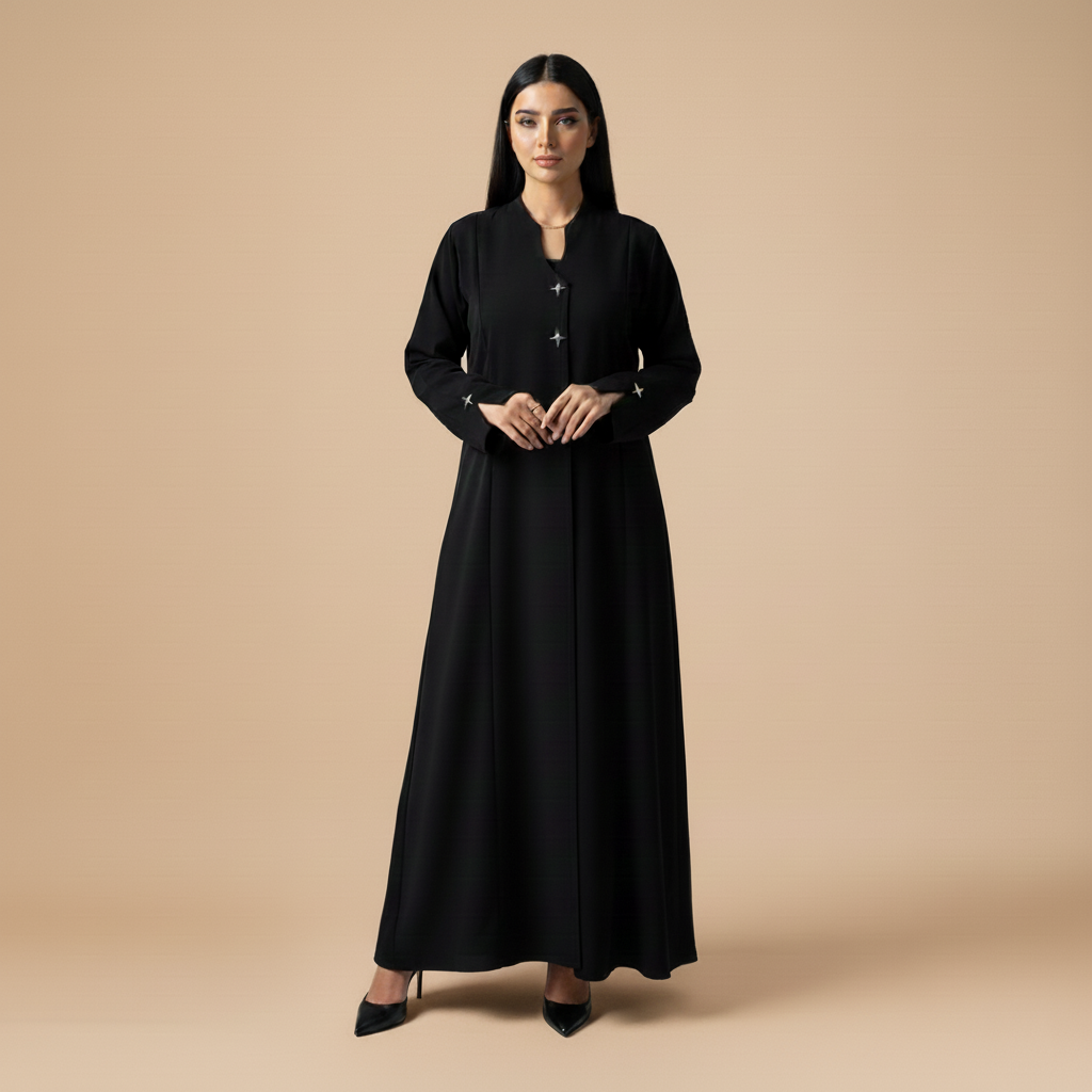 black abaya with cloche cut,and luxurious buttons.