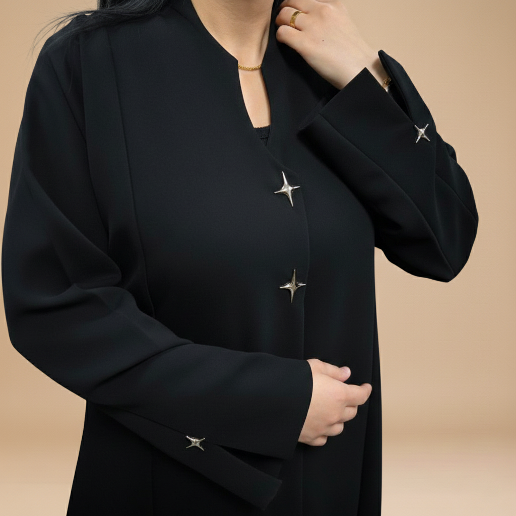 black abaya with cloche cut,and luxurious buttons.
