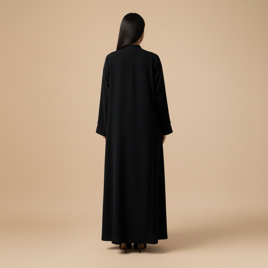 black abaya with cloche cut,and luxurious buttons.