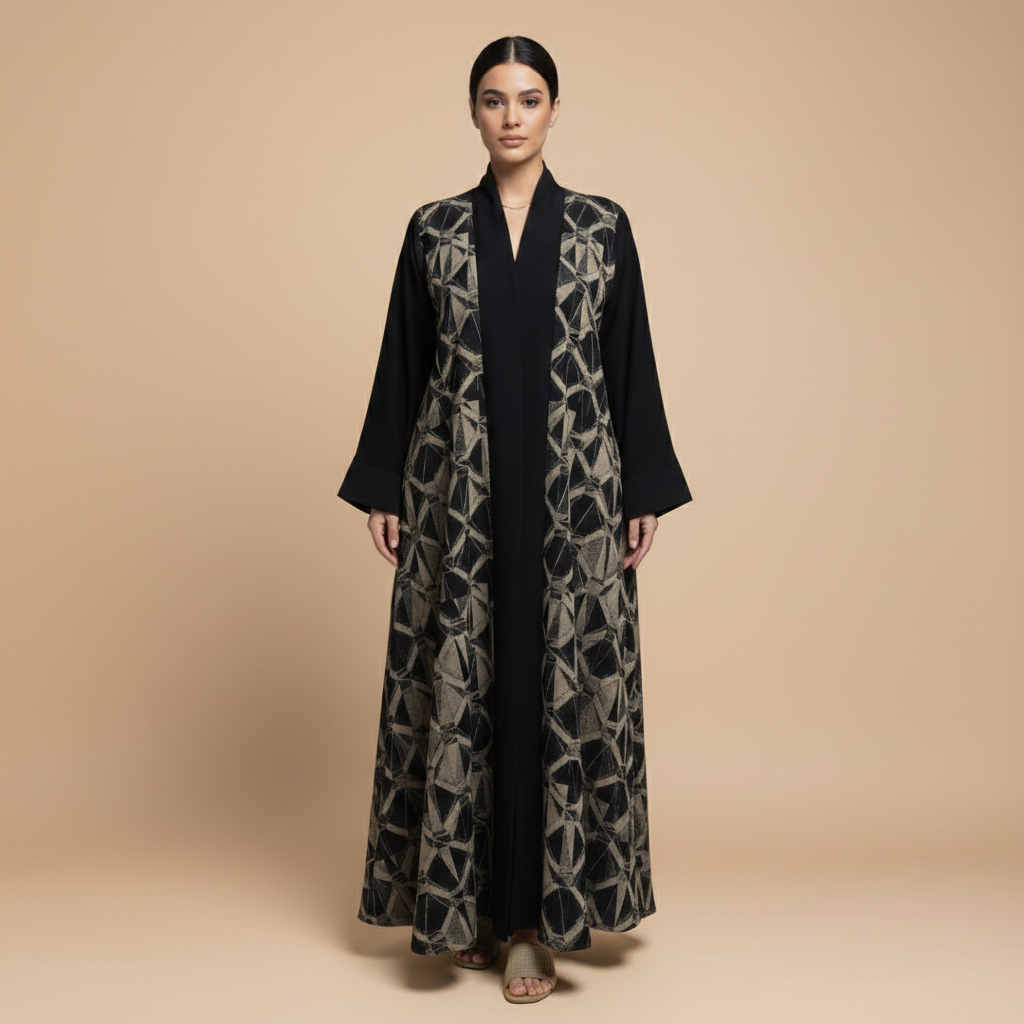 black abaya with an elegant geometric pattern.