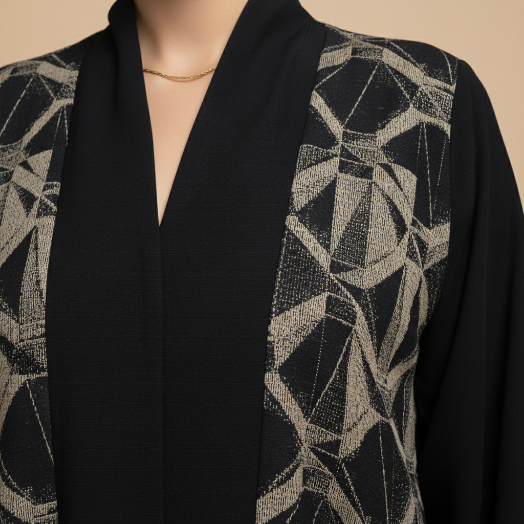 black abaya with an elegant geometric pattern.