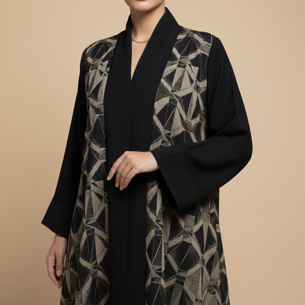 black abaya with an elegant geometric pattern.