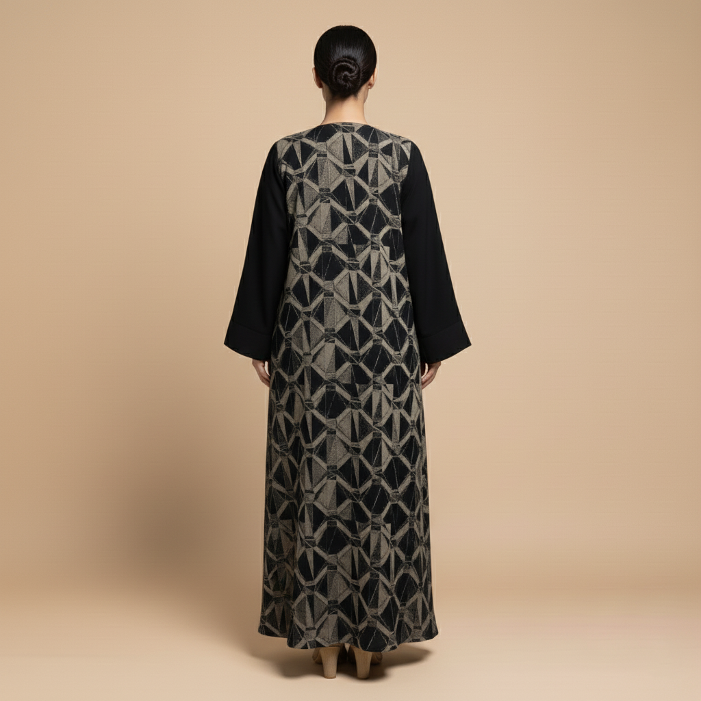 black abaya with an elegant geometric pattern.