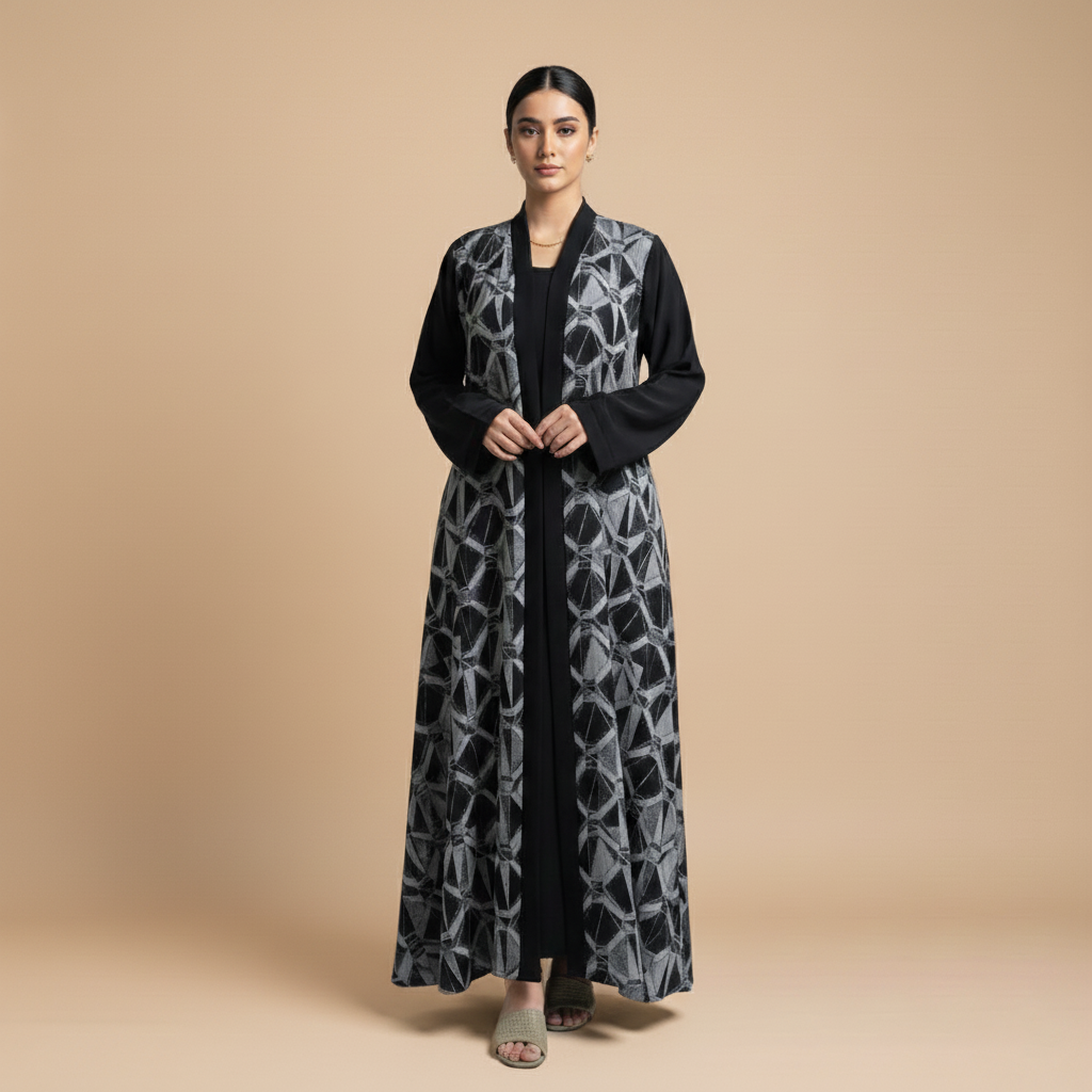 black abaya with an elegant geometric pattern.