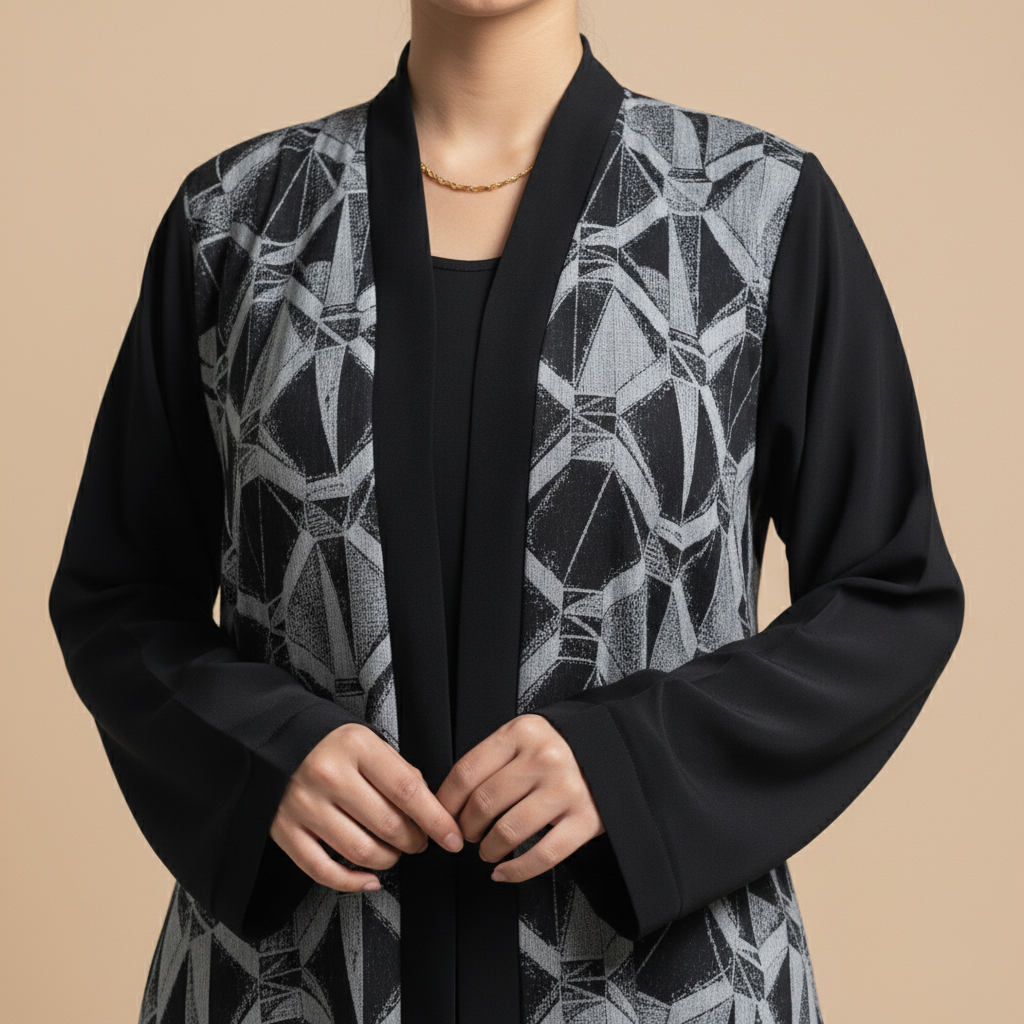 black abaya with an elegant geometric pattern.