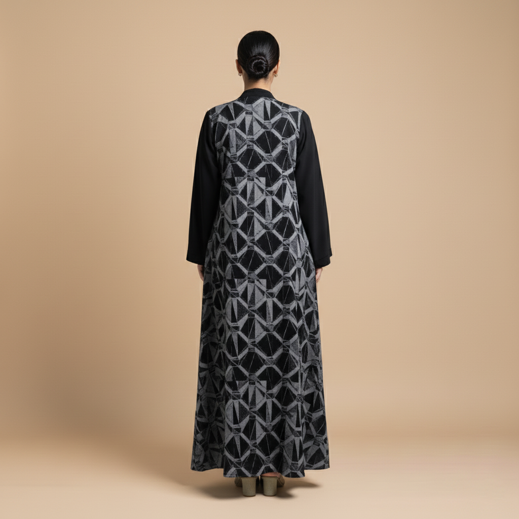 black abaya with an elegant geometric pattern.