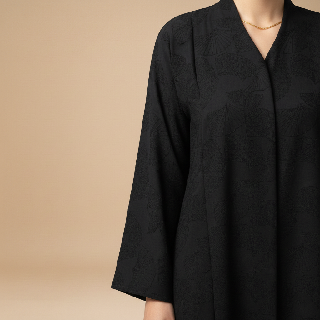 black jacquard abaya with floral print .