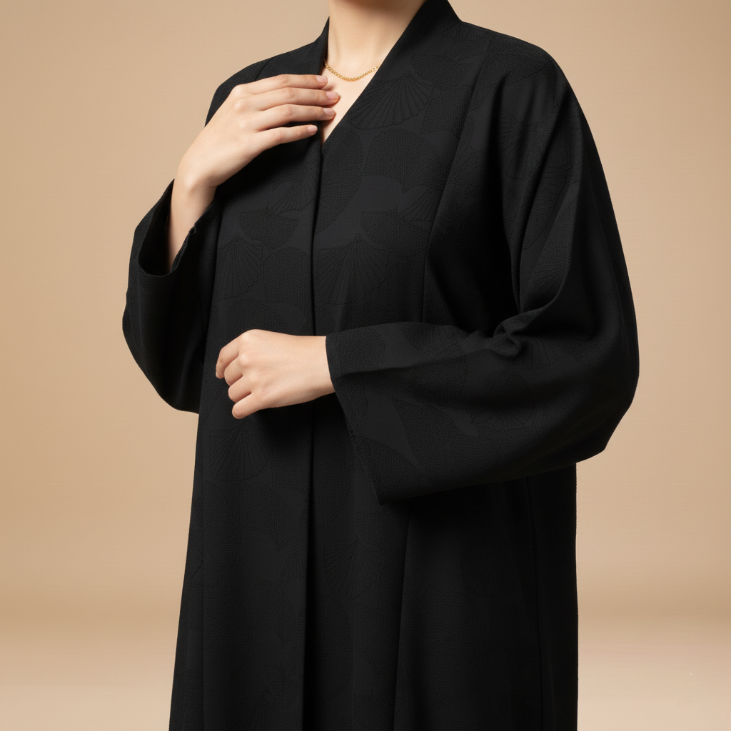 black jacquard abaya with floral print .