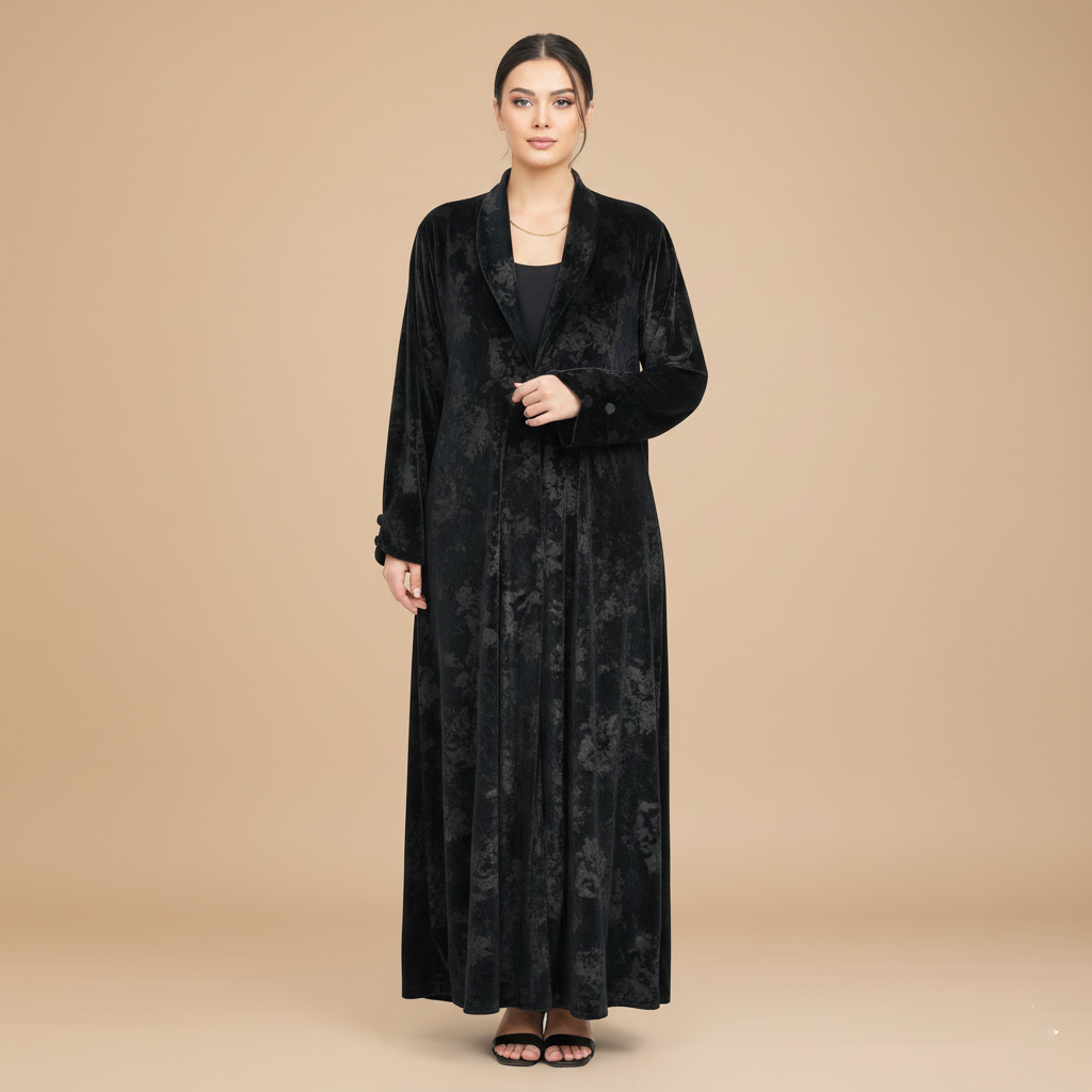 black velvet abaya with floral pattern.