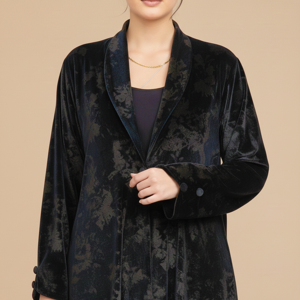 black velvet abaya with floral pattern.
