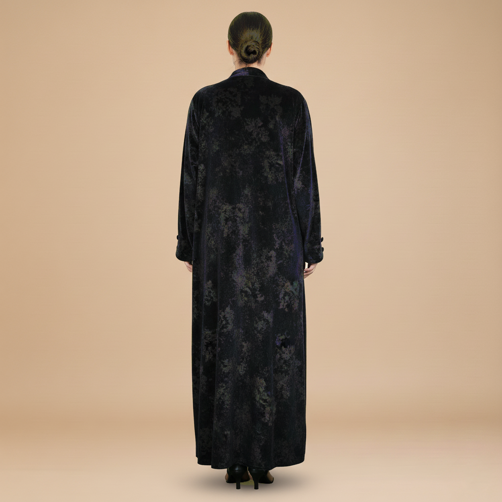 black velvet abaya with floral pattern.