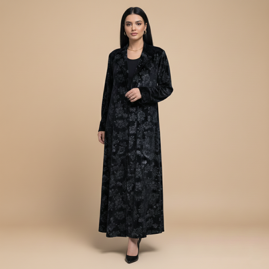 black velvet abaya with floral pattern.