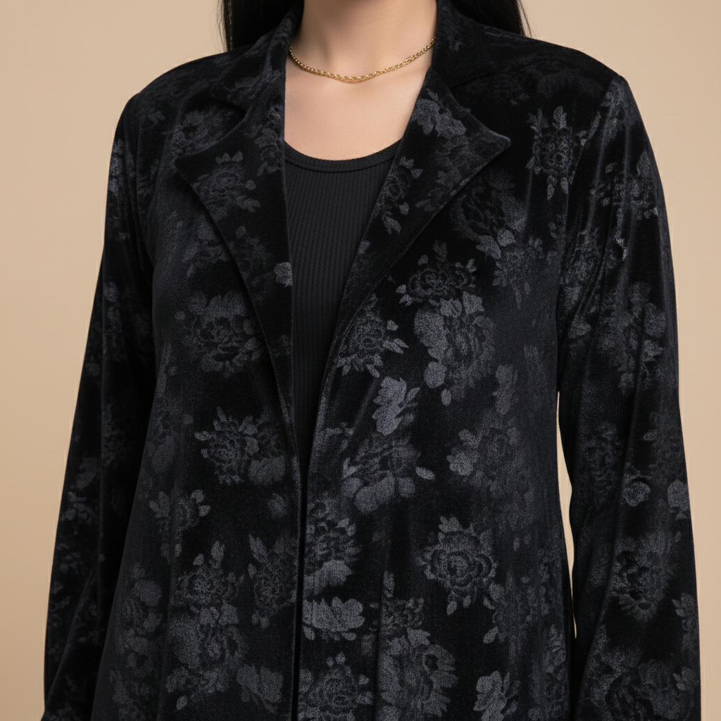 black velvet abaya with floral pattern.