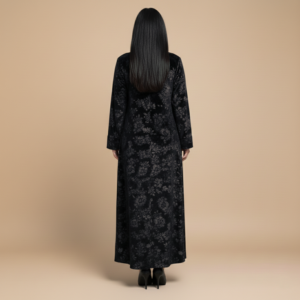 black velvet abaya with floral pattern.