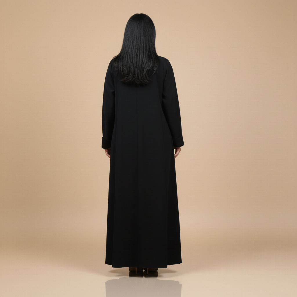 black abaya with jacket collar, and brooch.