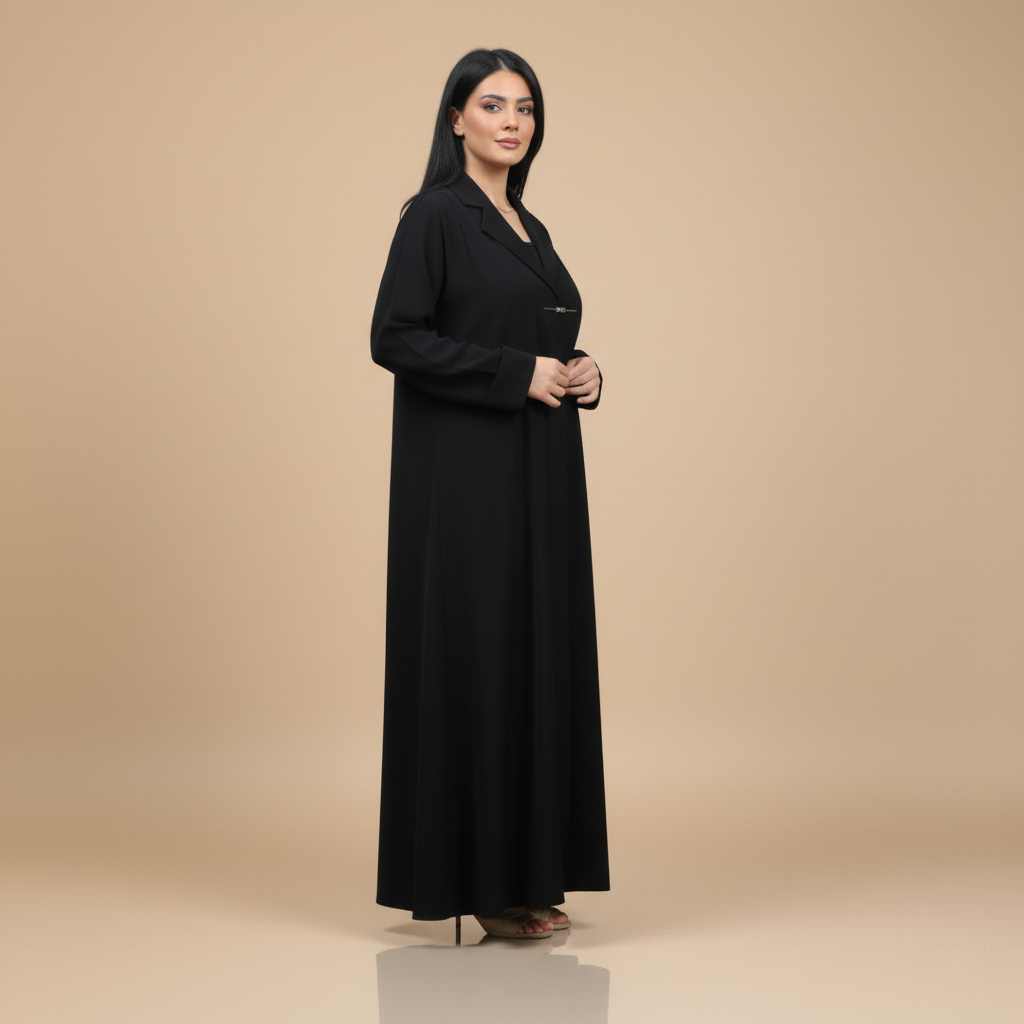 black abaya with jacket collar, and brooch.