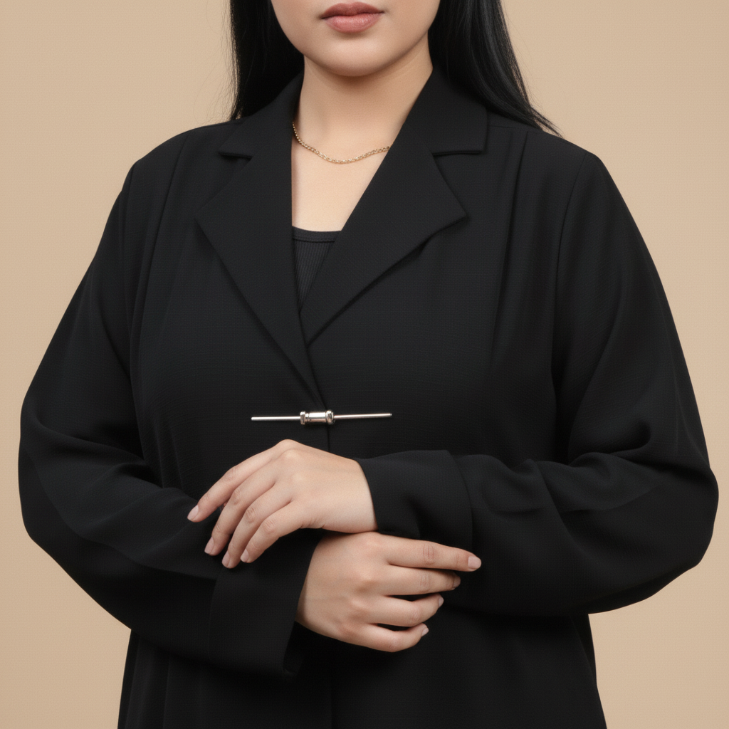 black abaya with jacket collar, and brooch.