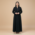 black abaya with cloche cut, asymmetrical collar.