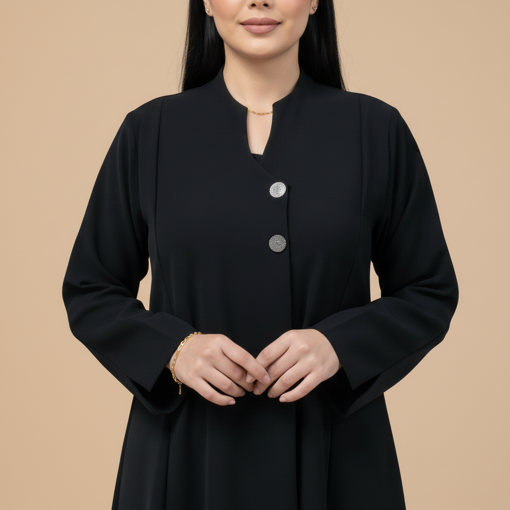 black abaya with cloche cut, asymmetrical collar.
