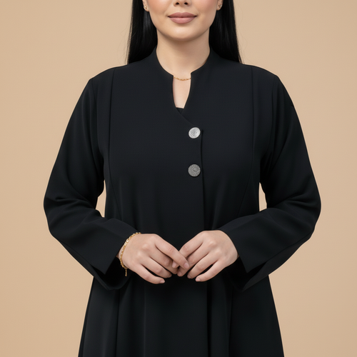 black abaya with cloche cut, asymmetrical collar.