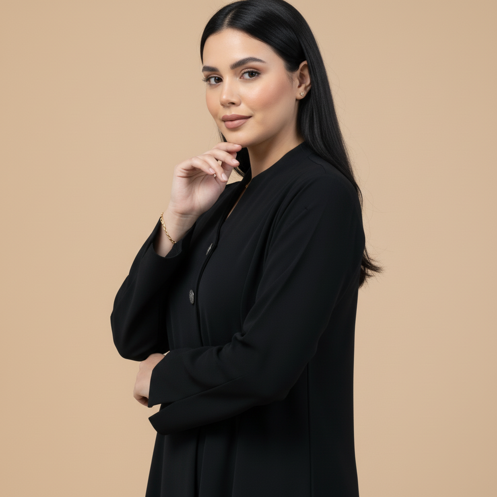 black abaya with cloche cut, asymmetrical collar.