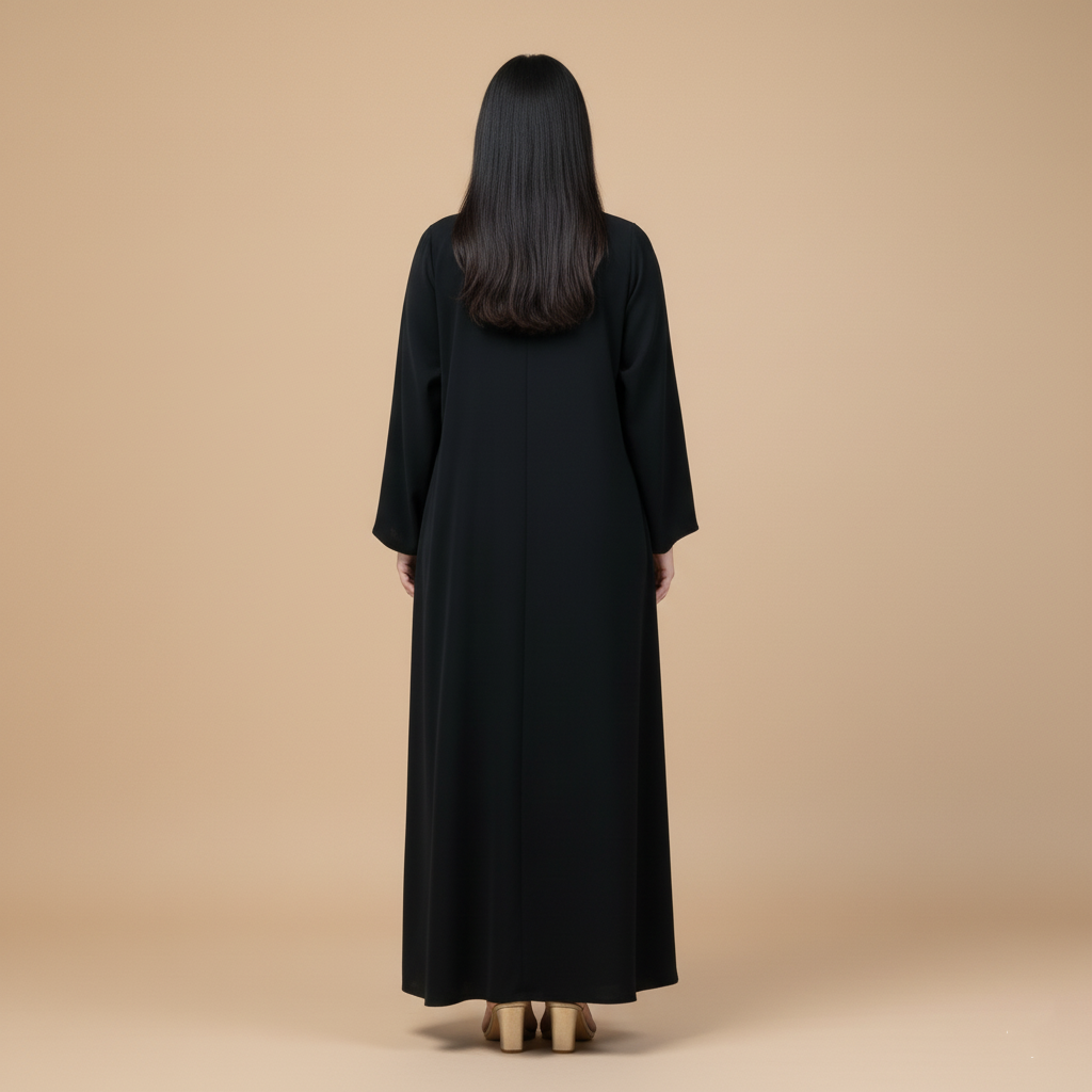 black abaya with cloche cut, asymmetrical collar.