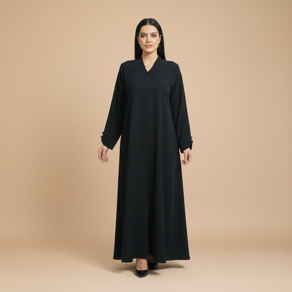 black abaya with open collar, and black round buttons.