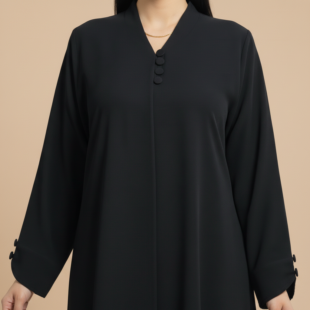 black abaya with open collar, and black round buttons.