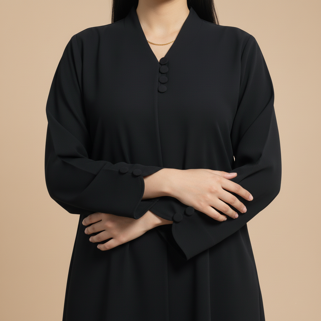 black abaya with open collar, and black round buttons.