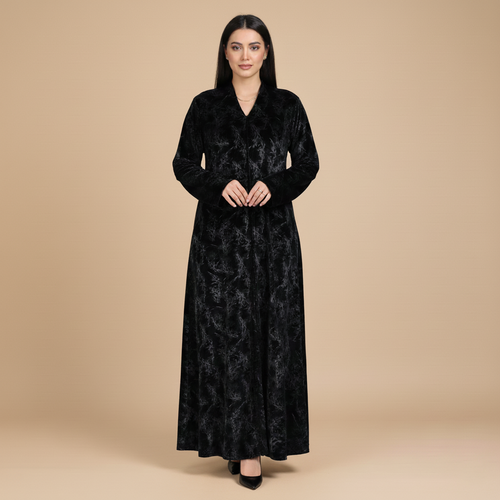 black cold-velvet abaya with botanical pattern.