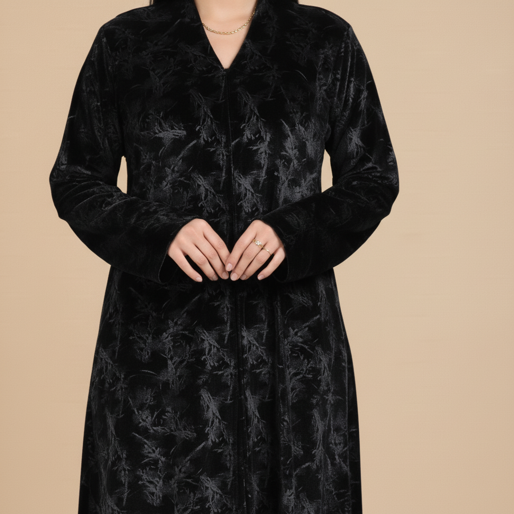black cold-velvet abaya with botanical pattern.