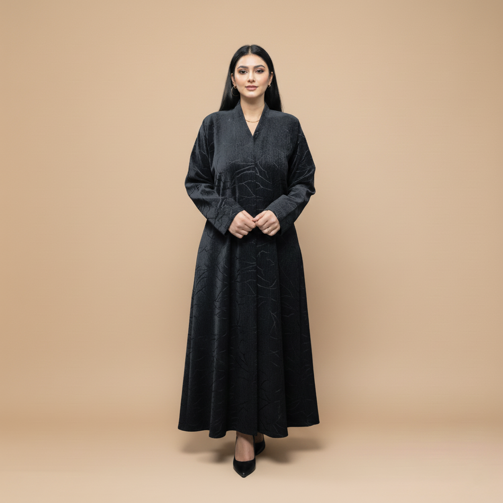 A velvet abaya with a subtle pattern.