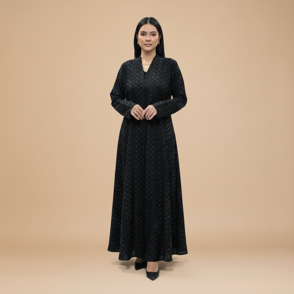 A black printed crepe abaya .