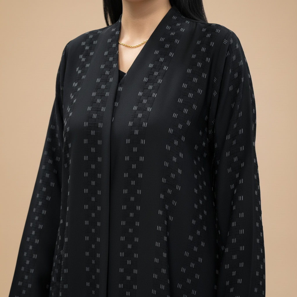 A black printed crepe abaya .