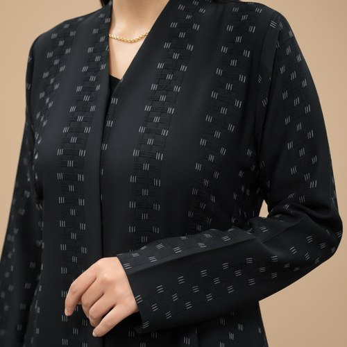 A black printed crepe abaya .
